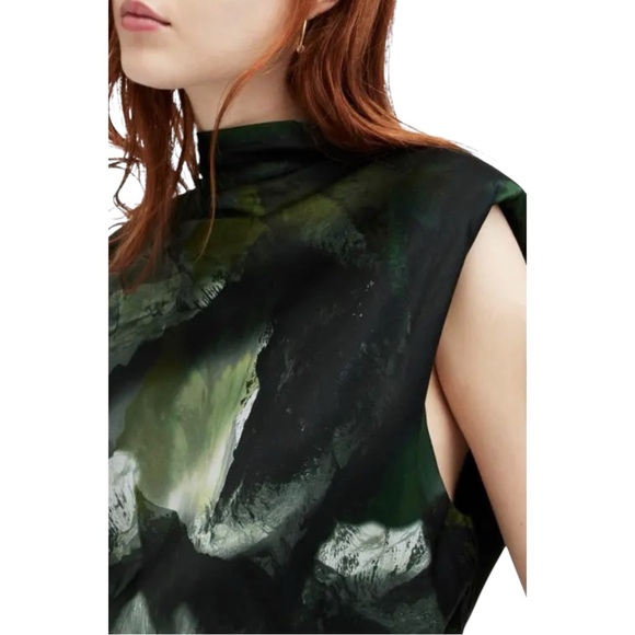 All Saints Isa Appalachian Abstract Green Silk Blend Sheath Midi Dress sz 4 - Picture 5 of 16